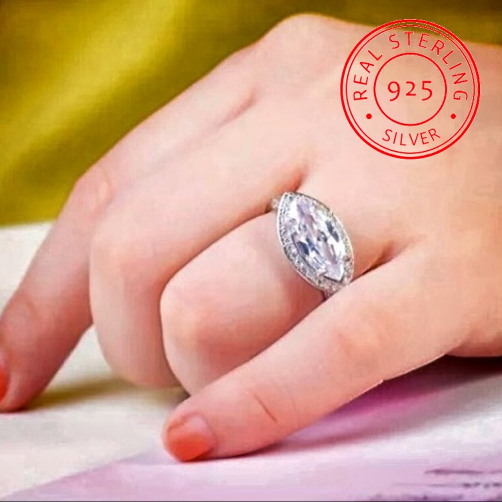 S925 Sterling Silver Sideways Huge Marquise Diamond Halo Ring